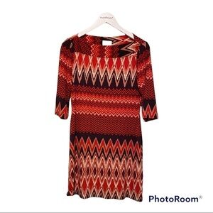 Donna Morgan Dresses | Red Aztec Printed Sheath Dress With a Boat Neck line | 6